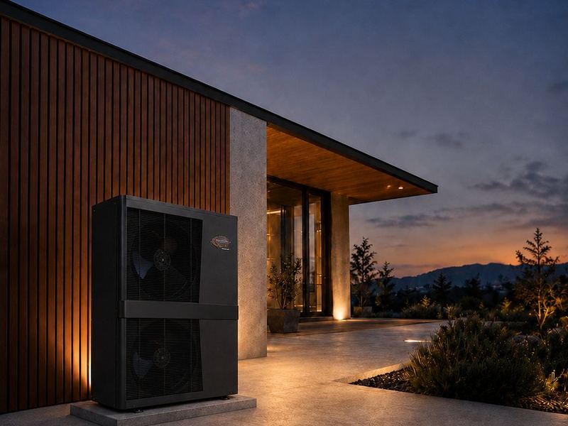 Air source heat pump outside a modern home
